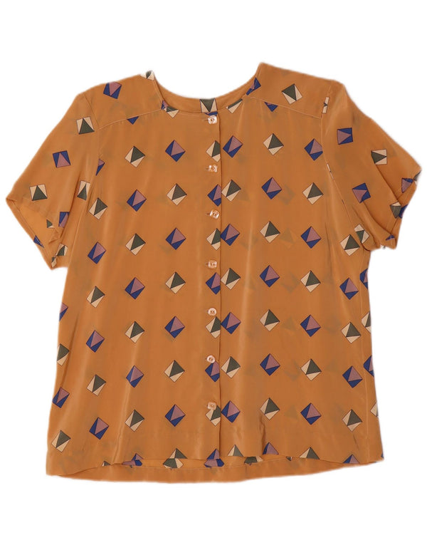 Camicetta camicia a maniche corte da donna vintage UK 16 grande marrone geometrico