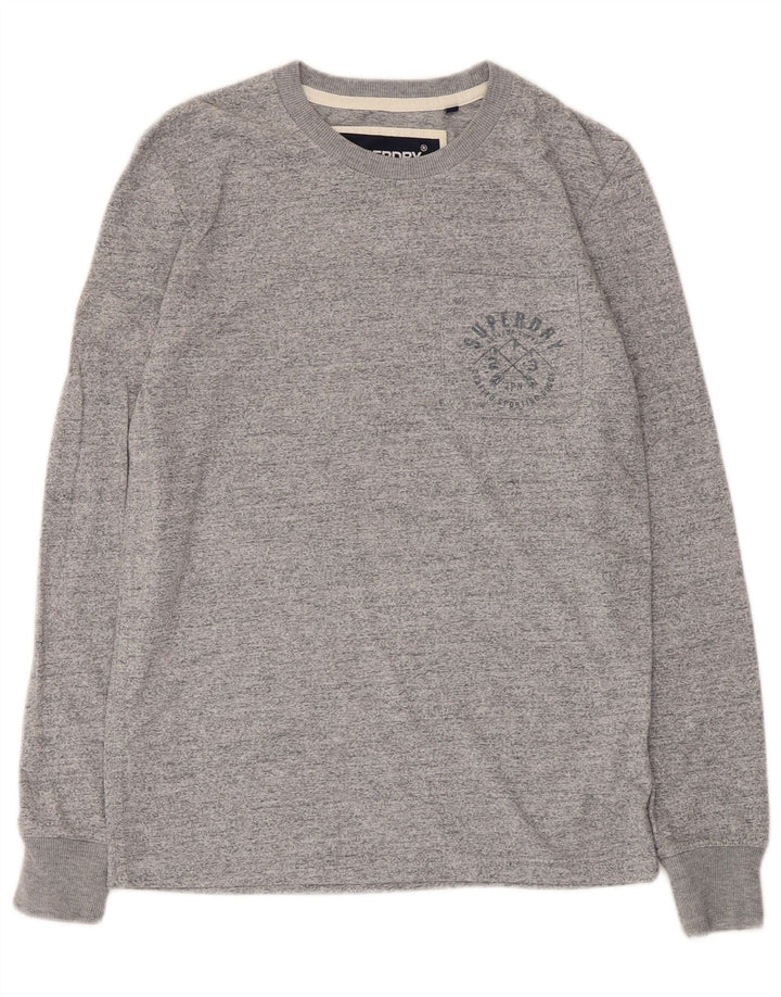 Top grafico da uomo Superdry a maniche lunghe in cotone chiazzato grigio piccolo