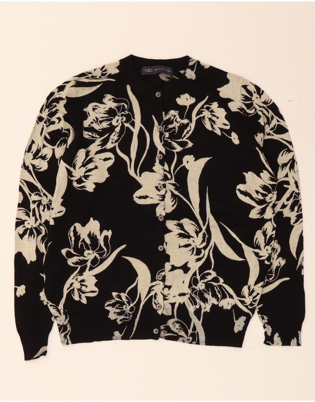 MARKS & SPENCER Maglione cardigan corto da donna UK 14 Medio Nero floreale