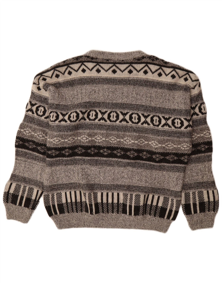 Maglione girocollo da uomo vintage in lana geometrica grigio medio