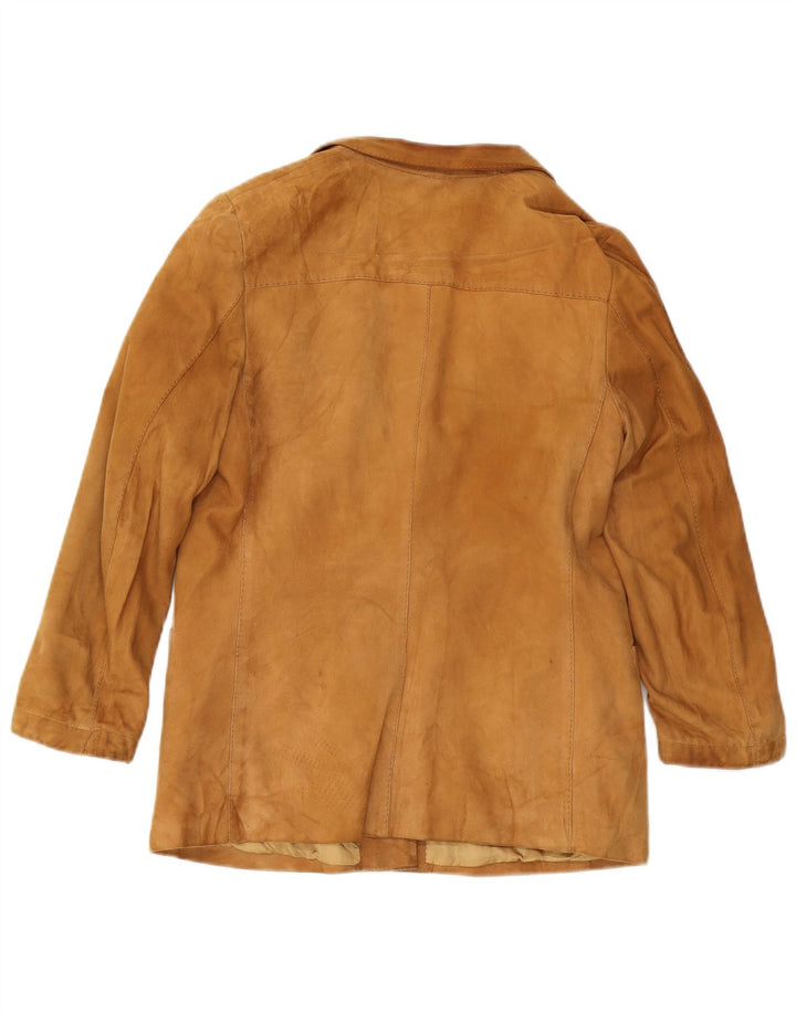 Giacca blazer vintage in pelle scamosciata da donna a 2 bottoni UK 12 Marrone medio