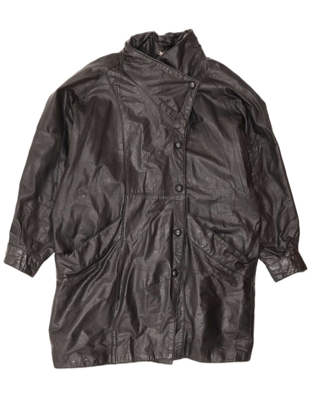 Cappotto in pelle oversize da donna VINTAGE UK 14 Pelle nera media