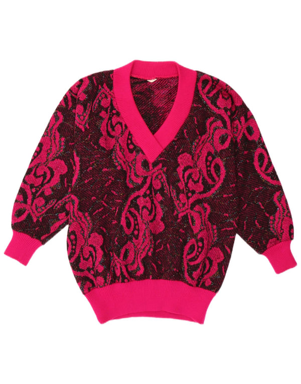 Maglione maglione vintage da donna con scollo a V UK 16 grande poliacrilico rosa Paisley