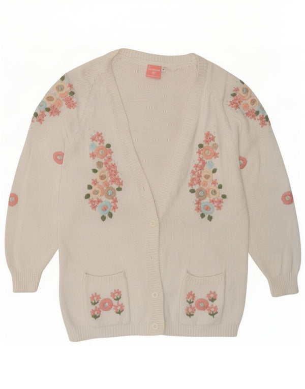 Maglione cardigan da donna vintage UK 14 cotone floreale bianco medio