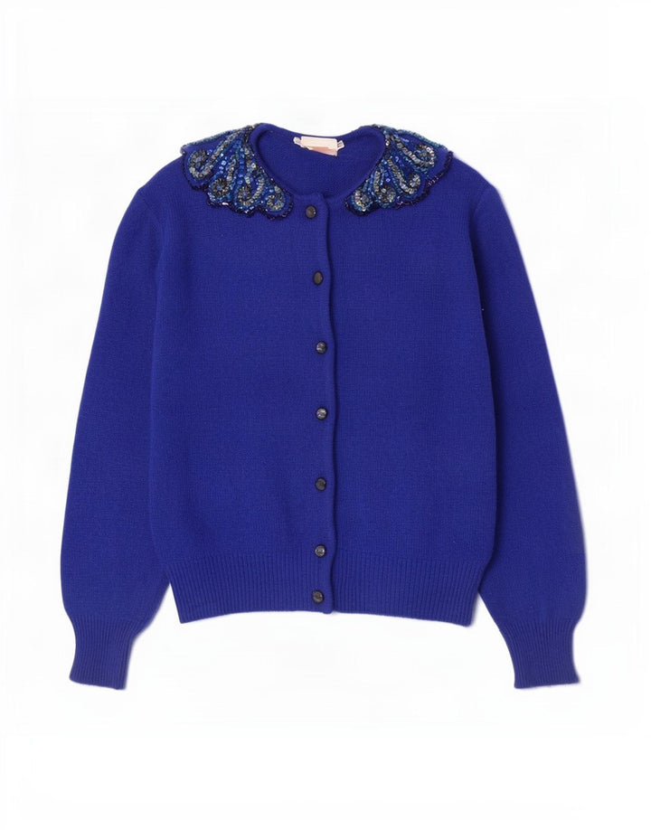 Maglione cardigan da donna vintage IT 44 lana blu medio