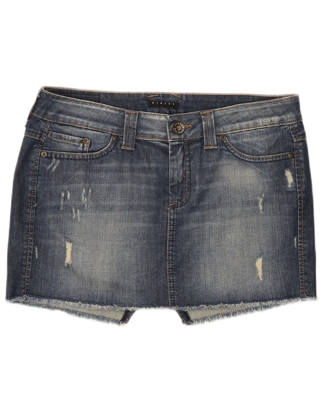 Mini gonna in denim invecchiato da donna Sisley W29 in cotone blu medio