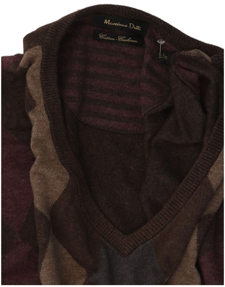 Massimo Dutti Maglione da uomo con scollo a V XL Marrone Argyle/Diamond Cotton