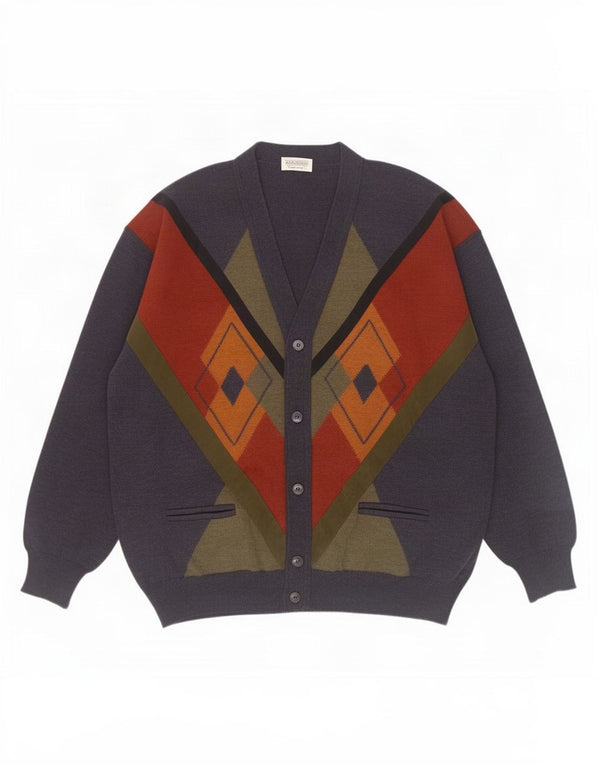 Maglione cardigan da uomo Masque IT 56 2XL Lana vergine blu navy a rombi/diamante