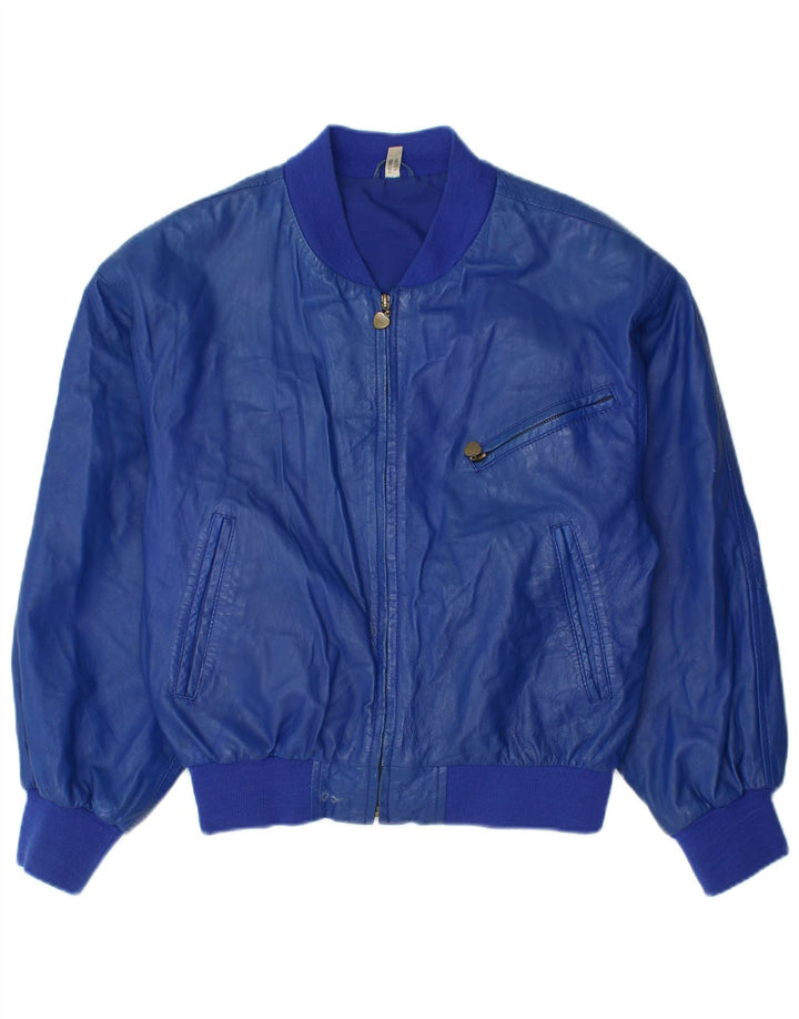 Giubbotto bomber in pelle da donna VINTAGE UK 8 piccolo in pelle blu