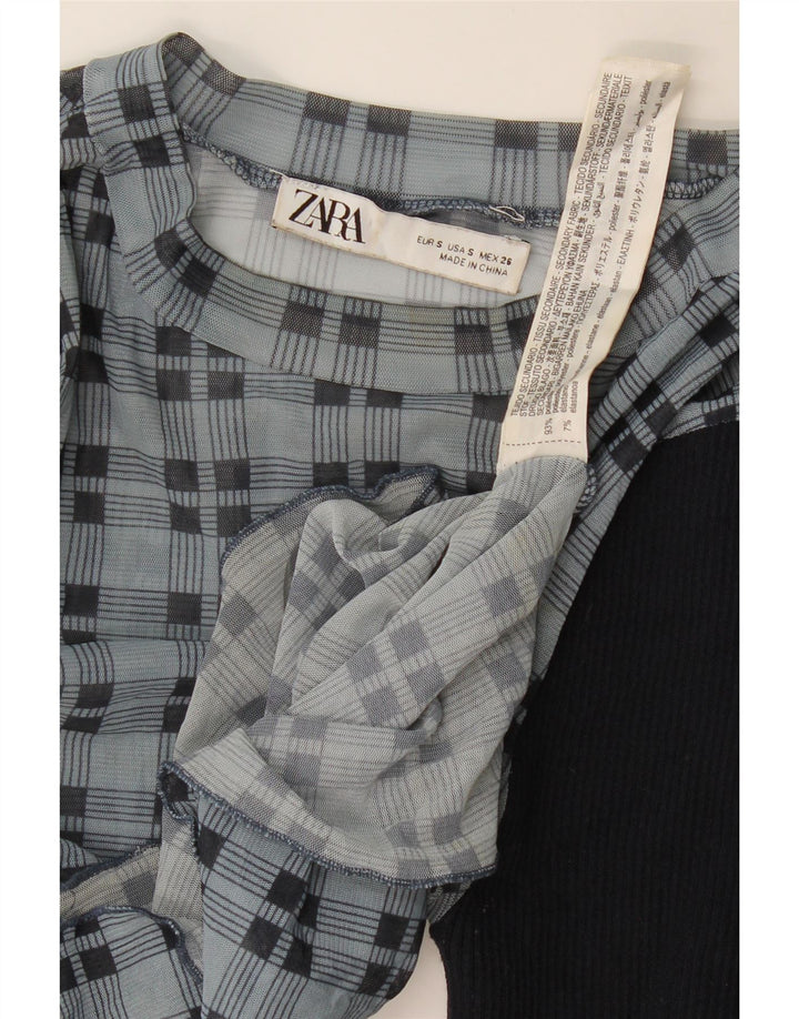 Camicetta corta a maniche lunghe da donna Zara UK 8 piccoli quadri blu navy
