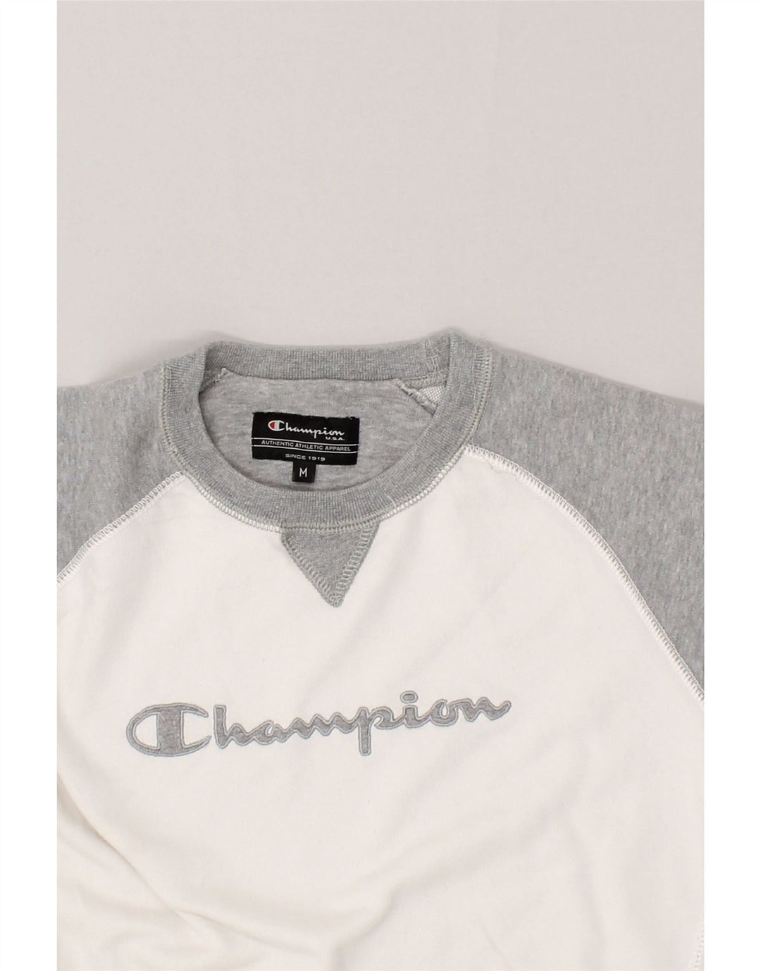 CHAMPION Womens Crop Sweatshirt Jumper UK 14 Medium White Colourblock Vintage Champion and Second-Hand Champion from Messina Hembry 