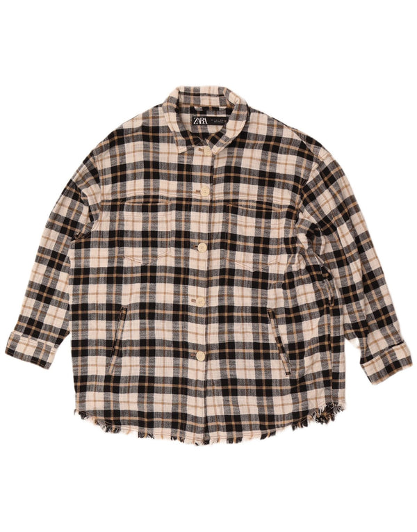 Camicia oversize in flanella da donna Zara UK 16 Grande cotone scozzese beige
