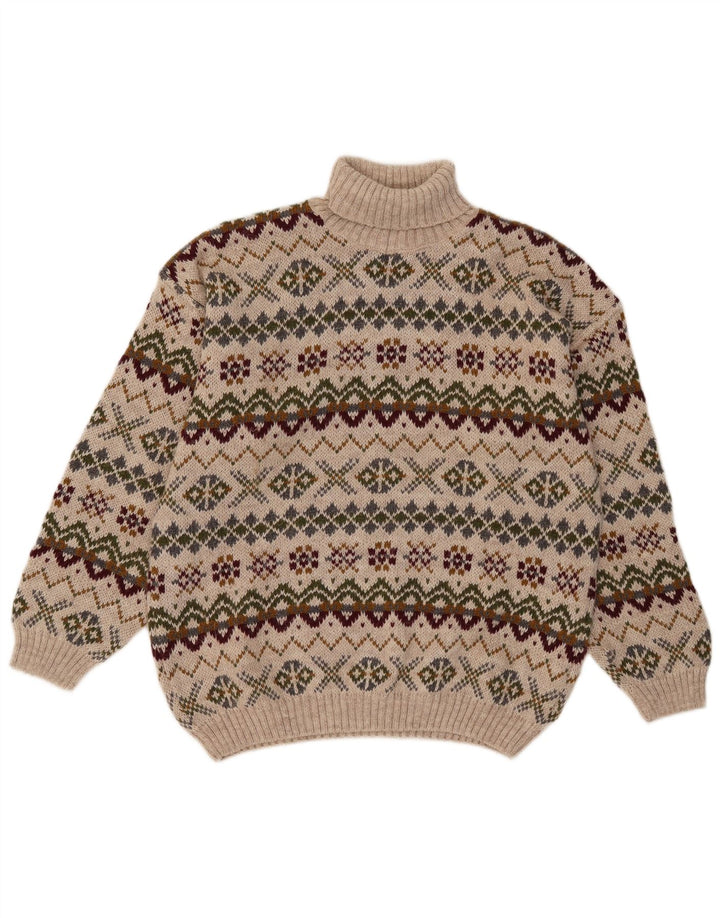 Wit Boy Maglione da uomo con collo alto e maglione grande in lana di alpaca Fair Isle beige