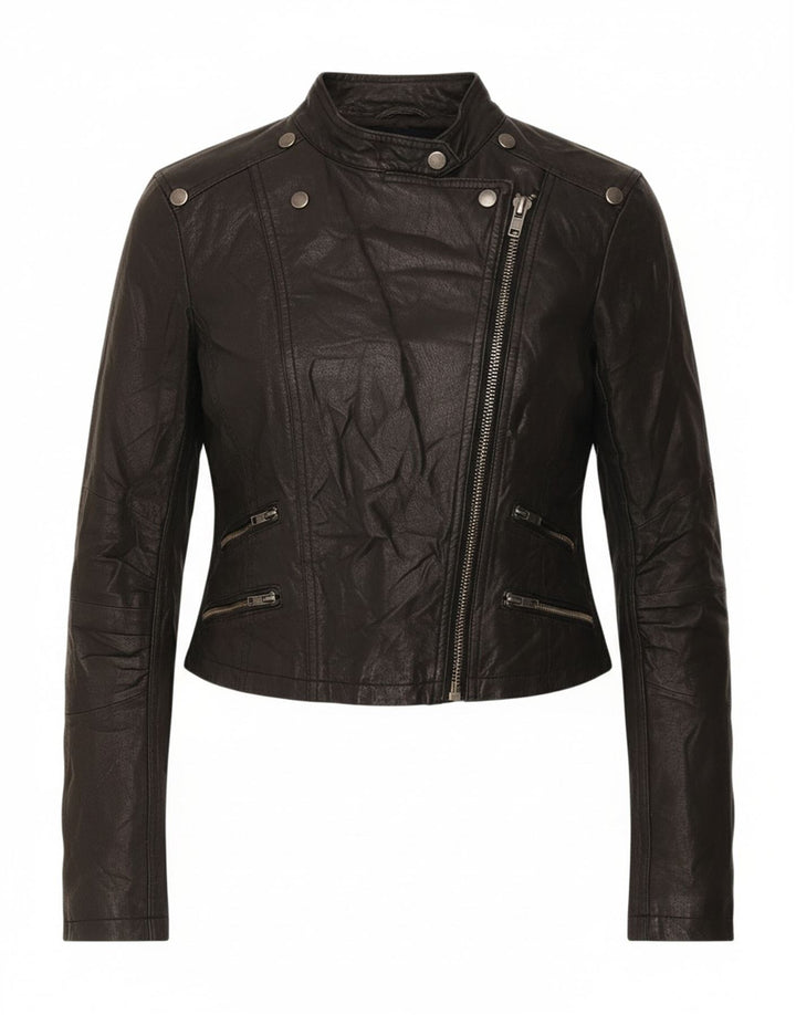 LAURA SCOTT Womens Oversized Crop Biker Jacket EU 34 XS Black Leather