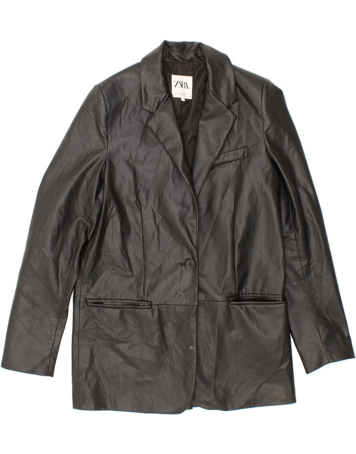 ZARA Womens Leather 1 Button Blazer Jacket UK 6 XS Black Vintage Zara and Second-Hand Zara from Messina Hembry 