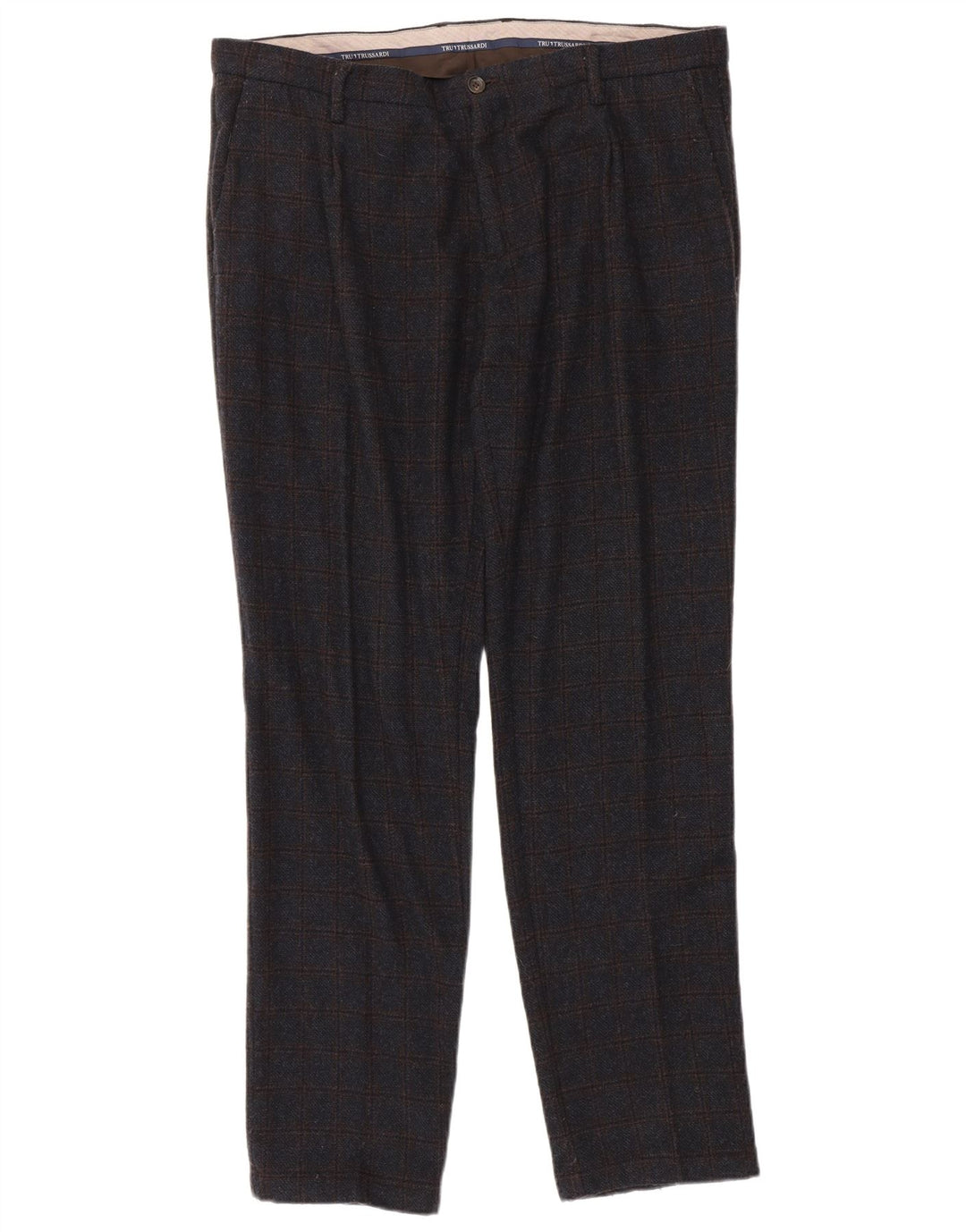 Pantaloni da Abito Dritti Trussardi Uomo W38 L33 Blu Navy a Quadri