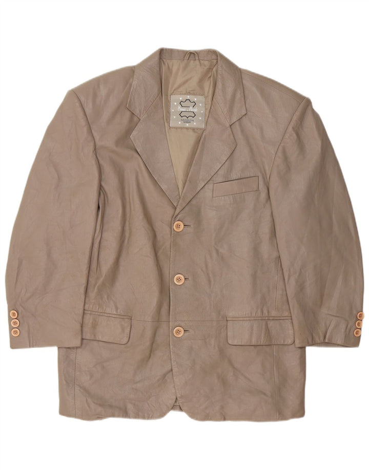 Giacca blazer in pelle da donna a 3 bottoni VINTAGE UK 16 grande in pelle grigia