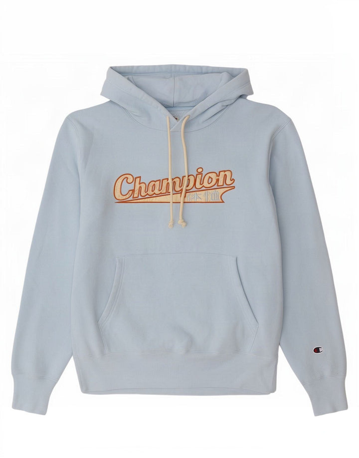 Maglione con cappuccio grafico da uomo Champion in cotone blu medio