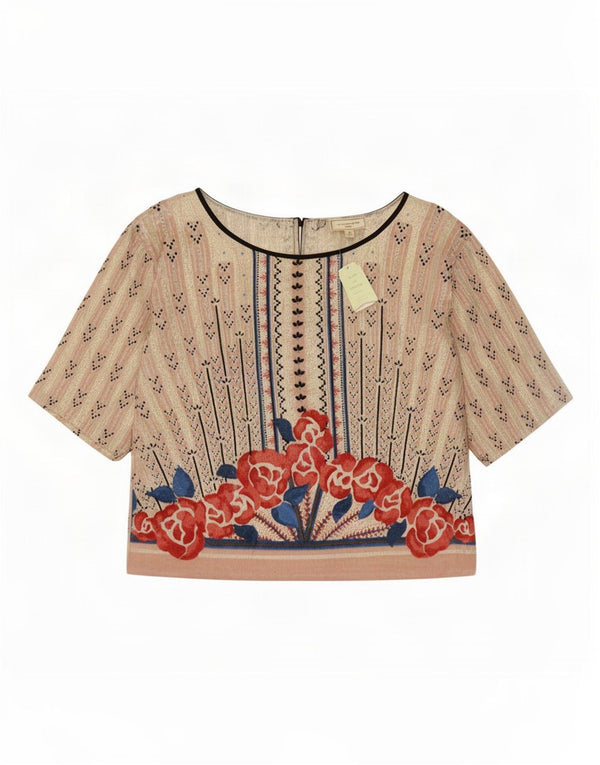 Top camicetta da donna vintage UK 14 Rayon floreale beige medio