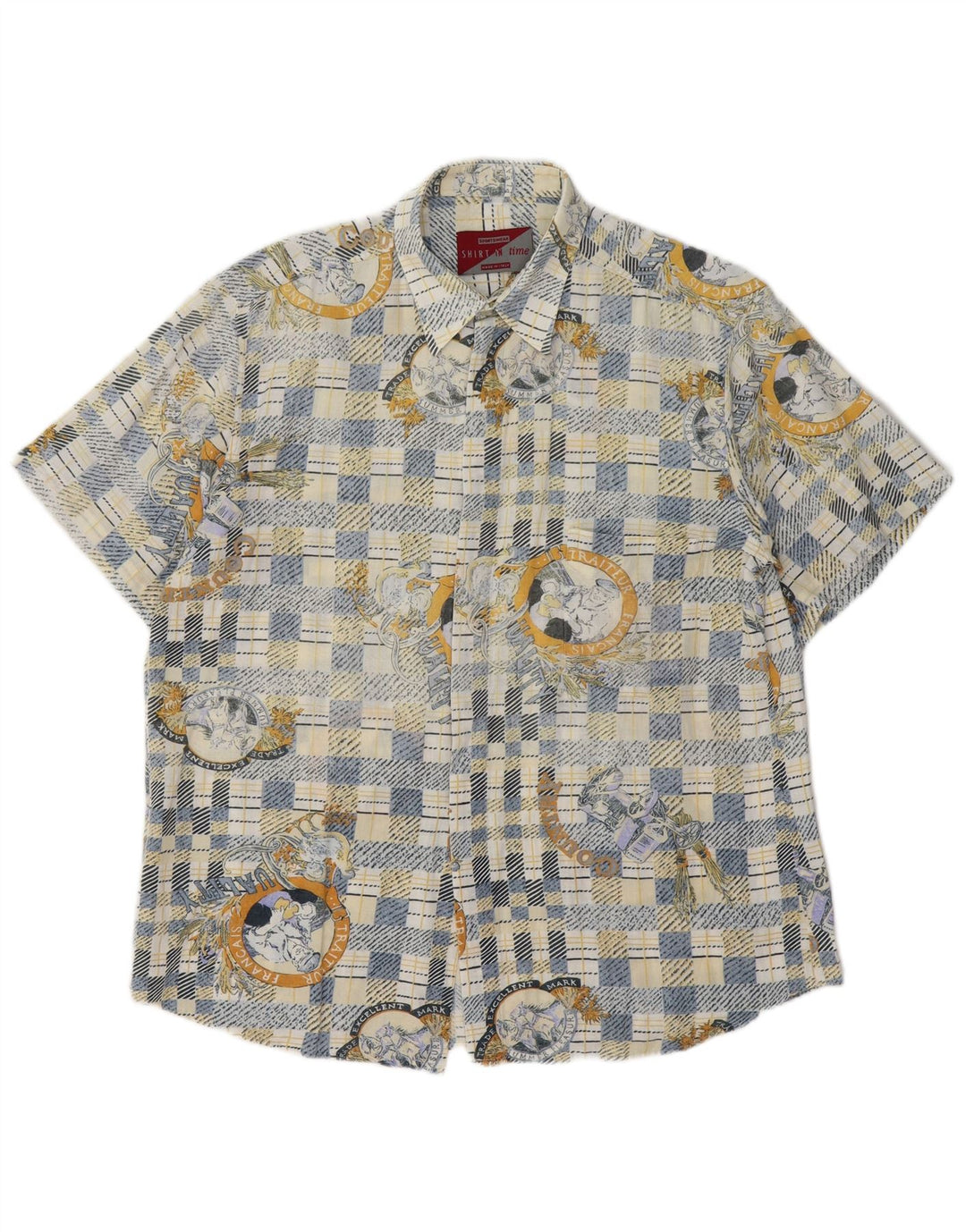 Camicia a maniche corte con grafica vintage da uomo a quadri blu medio