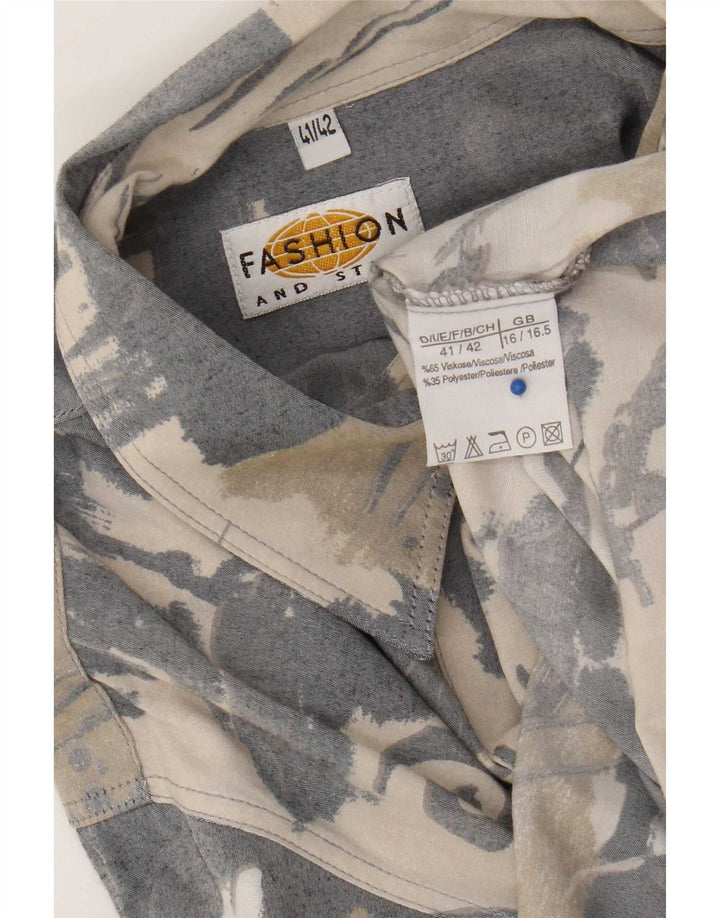 Camicia vintage da uomo con motivo astratto taglia 41/42 16 1/2 grande in viscosa grigia