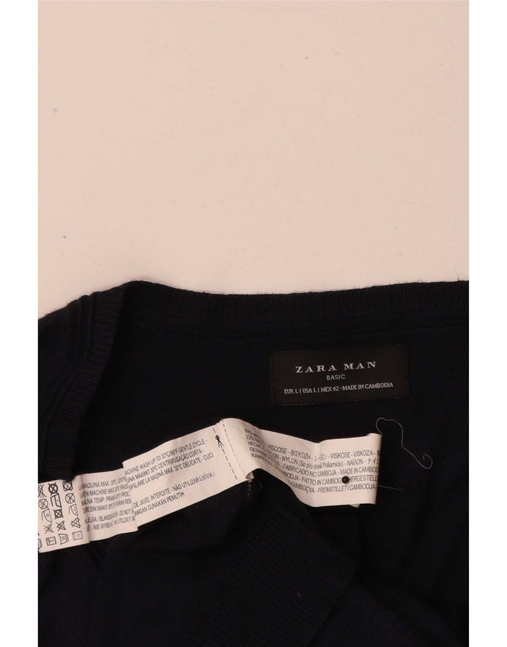 Maglione Zara da uomo con scollo a V grande in viscosa blu navy