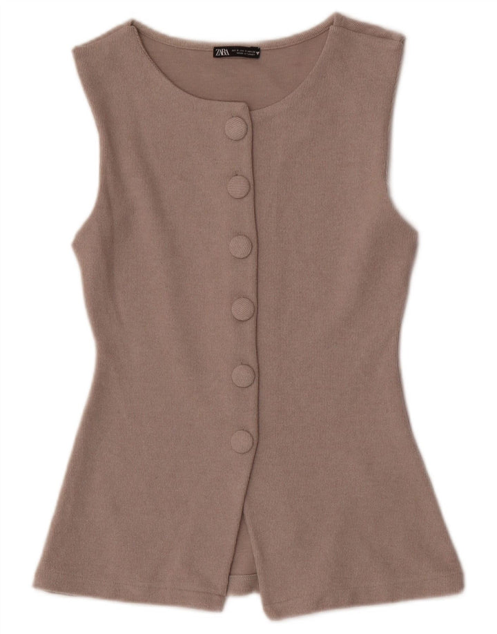 Top cardigan senza maniche da donna Zara UK 8 piccolo poliestere beige