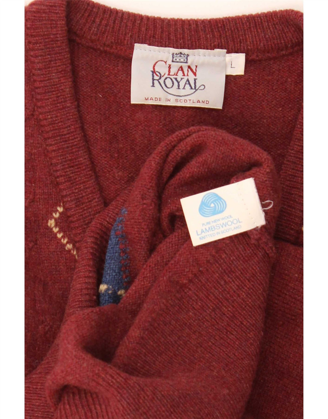 Maglione da uomo con scollo a V Clan Royal, grande lana d'agnello rossa a rombi/diamanti