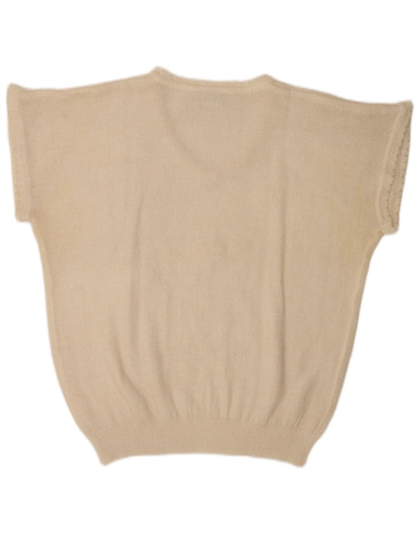 Top camicetta a maniche corte da donna vintage UK 20 2XL poliacrilico floreale bianco