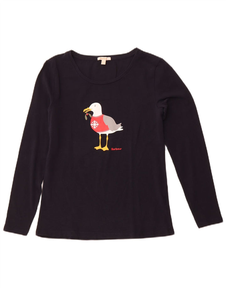 BARBOUR Top grafico da donna a maniche lunghe UK 10 Small Blu Navy Natale