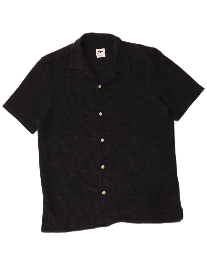 Camicia Zara da uomo in flanella a maniche corte in cotone blu navy medio