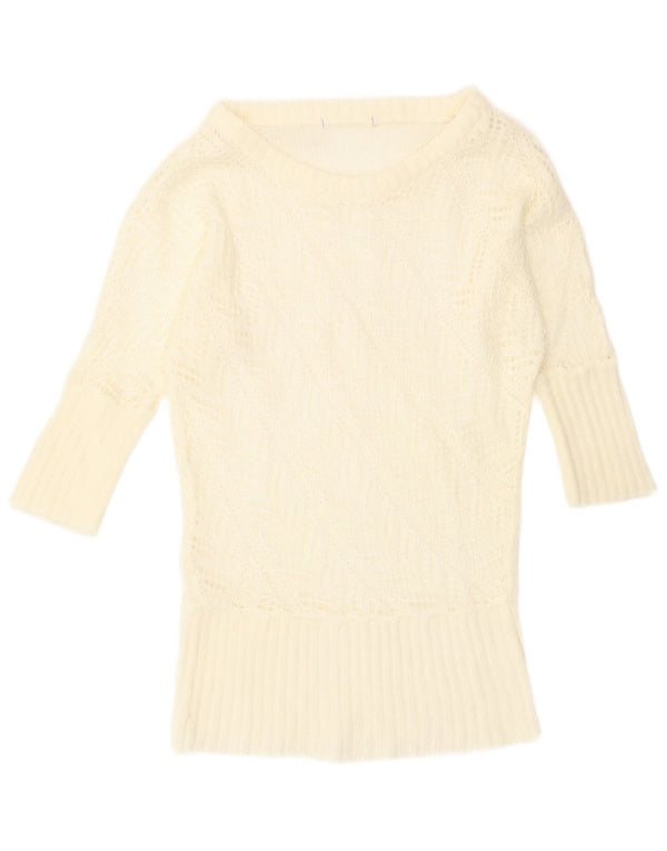 Maglione vintage da donna con scollo a barca con maniche a 3/4 UK 12 bianco medio