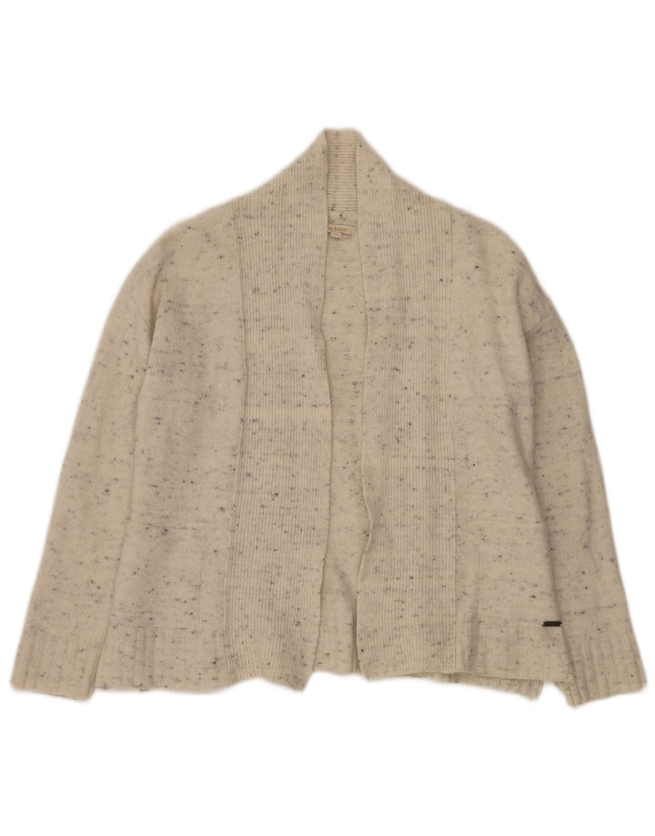 BARBOUR Maglione cardigan aperto da donna UK 10 Piccolo lana screziata bianco sporco