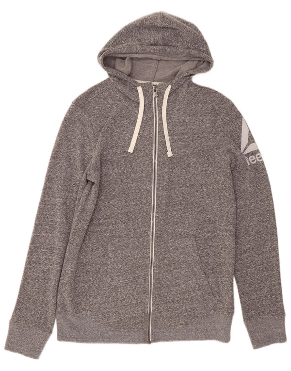 REEBOK Felpa con cappuccio con zip grafica da donna UK 12/14 Grigio medio chiazzato