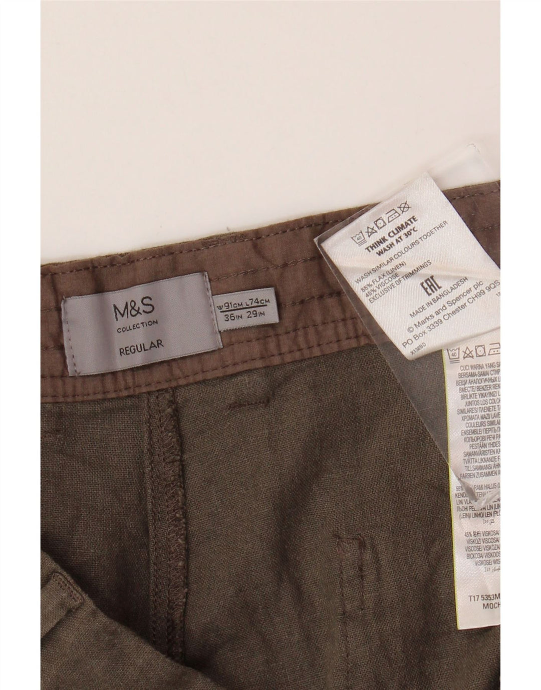 MARKS & SPENCER Pantaloni chino vestibilità regolare da uomo W36 L29 Lino marrone