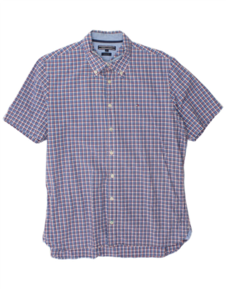 Camicia da uomo a maniche corte personalizzata Tommy Hilfiger, cotone a quadri blu di grandi dimensioni