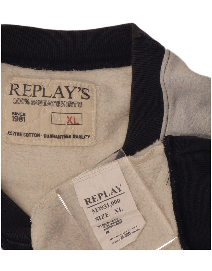 REPLAY Felpa grafica da uomo Maglione XL Blu Colourblock in cotone