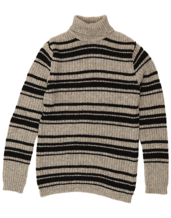 Maglione maglione a collo alto da donna SHETLAND UK 16 Lana a righe grandi grigie
