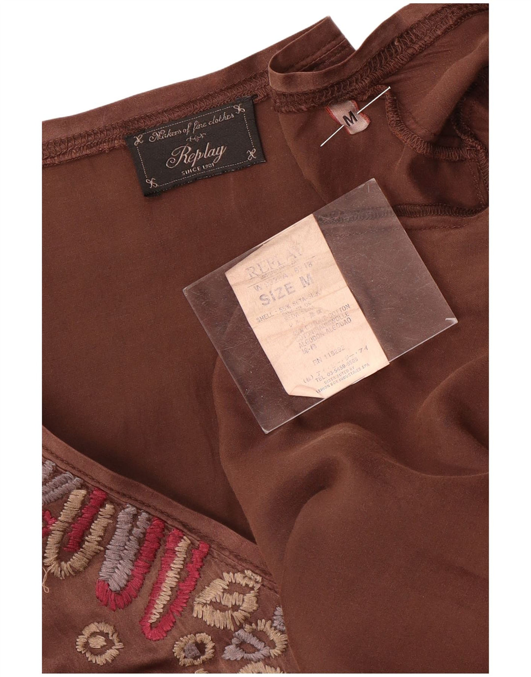 Abito a trapezio con grafica a maniche lunghe da donna Replay UK 12 Seta marrone medio