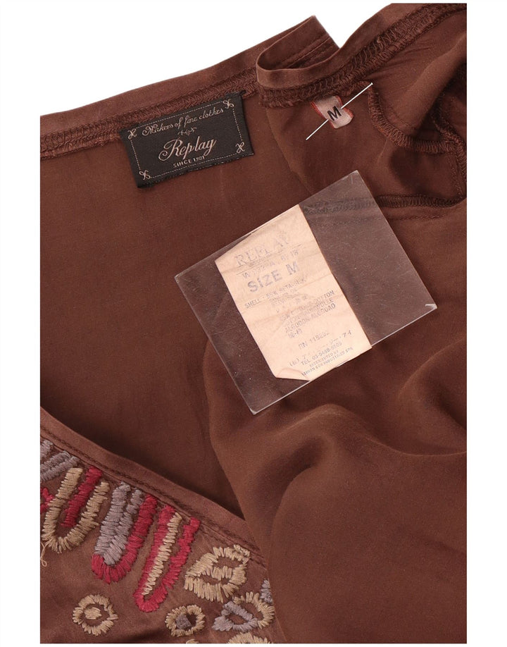 Abito a trapezio con grafica a maniche lunghe da donna Replay UK 12 Seta marrone medio