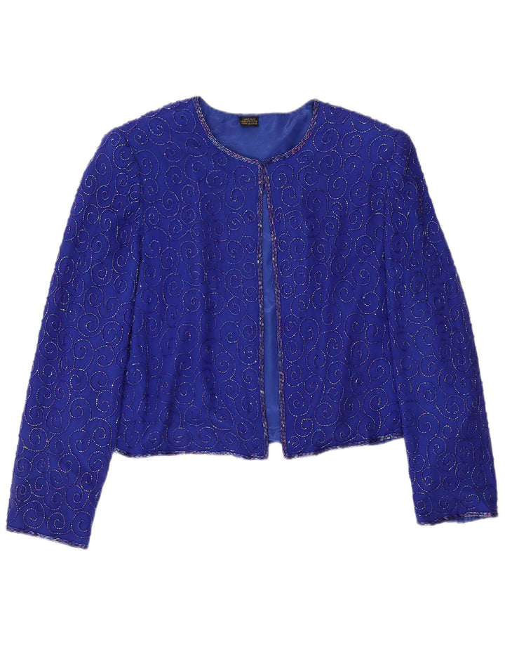 Giacca blazer corta da donna vintage UK 14 seta blu medio