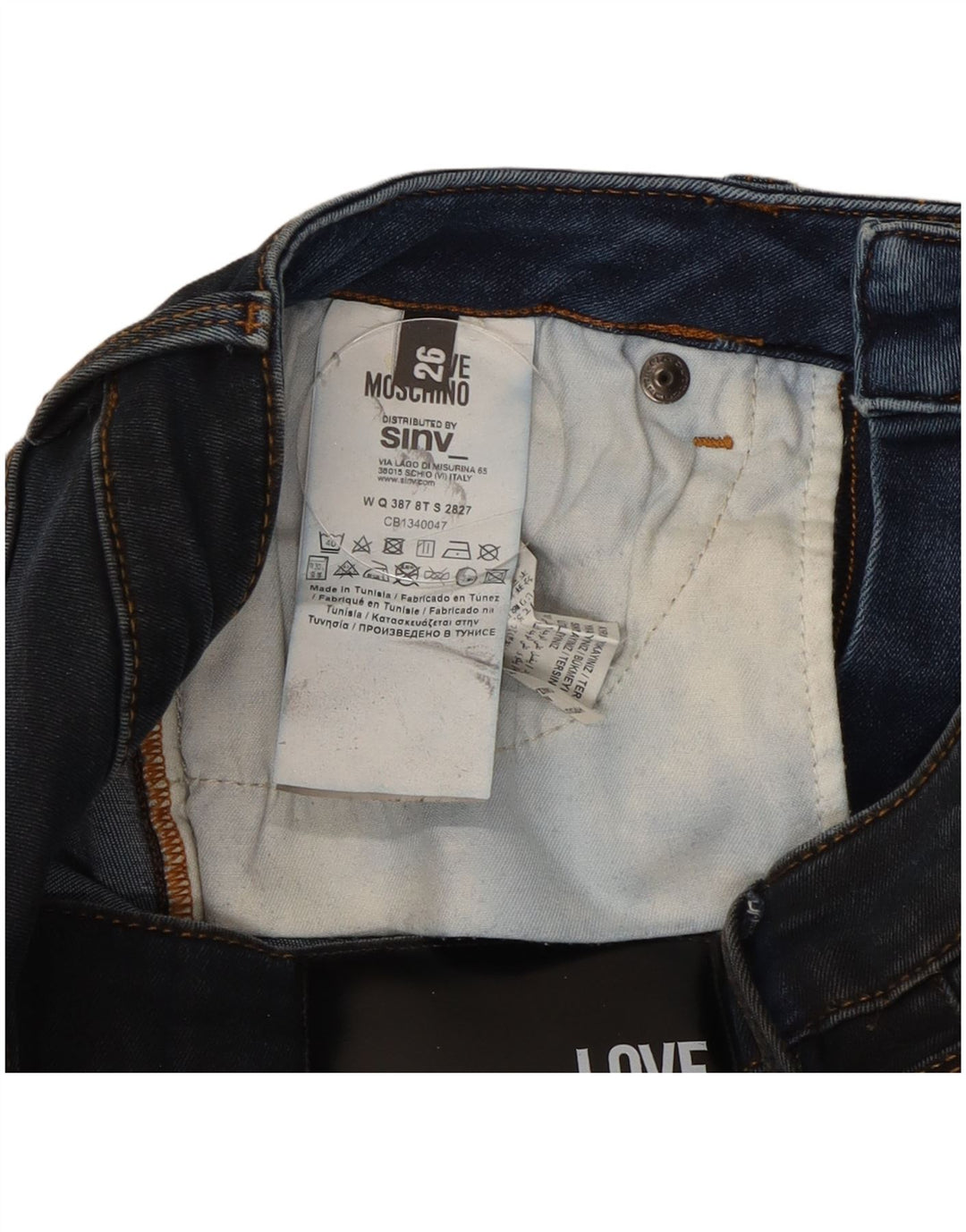 Jeans skinny da donna Moschino W26 L31 cotone patchwork blu navy