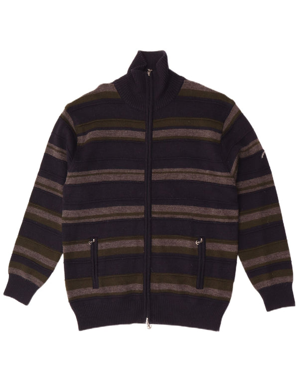 Maglione cardigan vintage da uomo 2XL in lana merino a righe blu navy