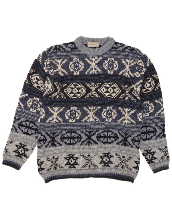 Maglione maglione girocollo da uomo vintage IT 48 lana Fair Isle blu medio