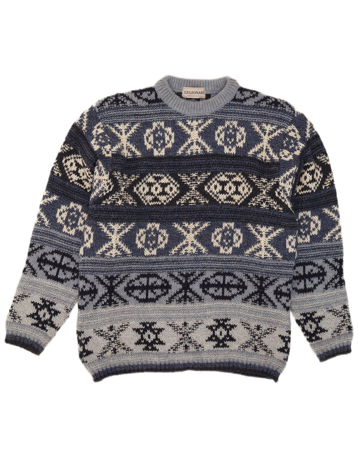 Maglione maglione girocollo da uomo vintage IT 48 lana Fair Isle blu medio