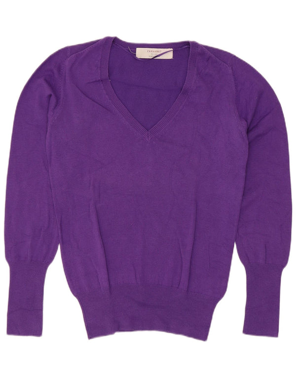 Maglione maglione con scollo a V da donna Zara UK 12 cotone viola medio
