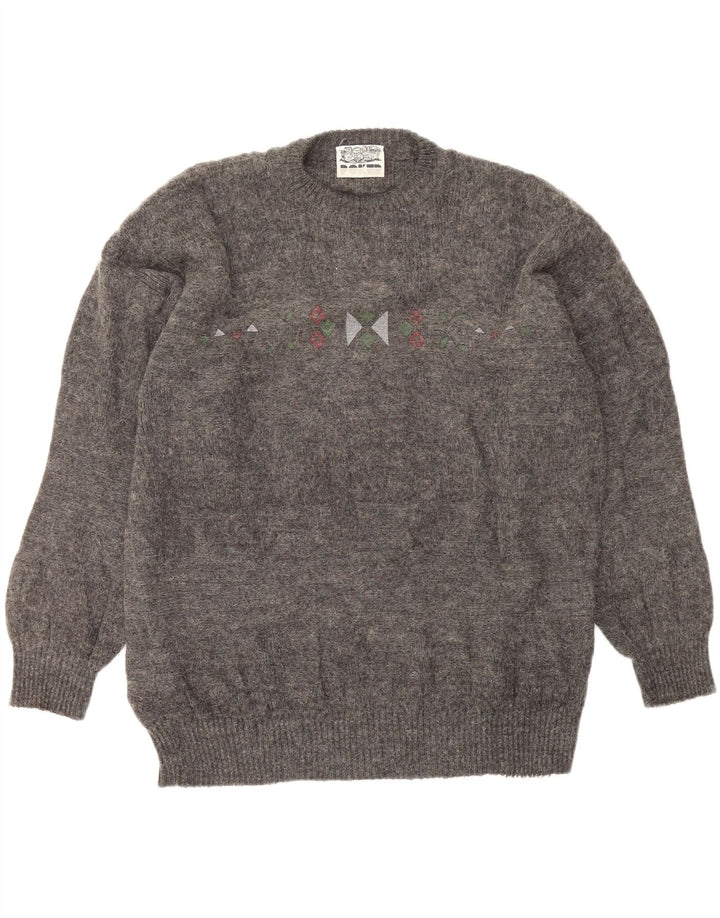 VINTAGE Mens Crew Neck Jumper Sweater Medium Grey Geometric Vintage Vintage and Second-Hand Vintage from Messina Hembry 