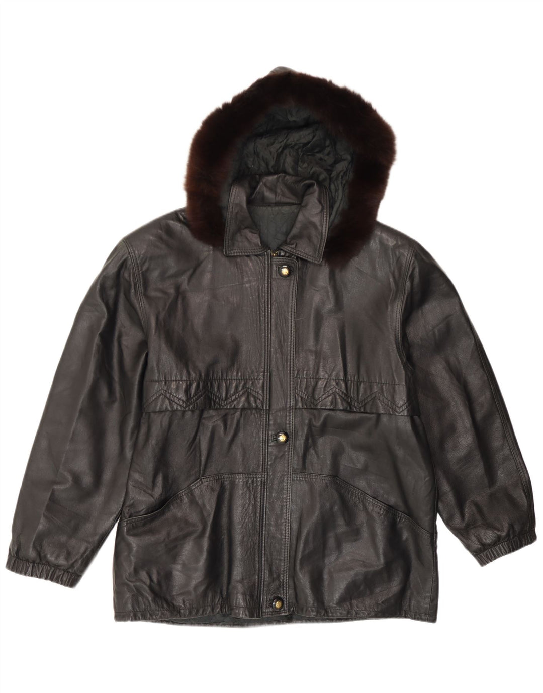 Giacca in pelle con cappuccio da donna vintage IT 46 grande in pelle nera
