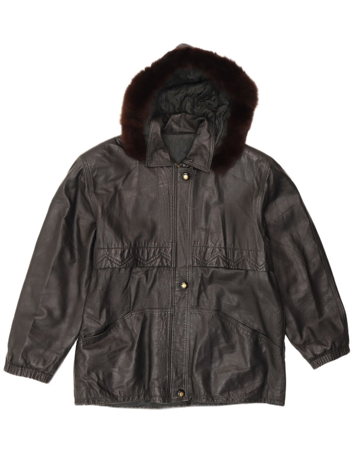Giacca in pelle con cappuccio da donna vintage IT 46 grande in pelle nera