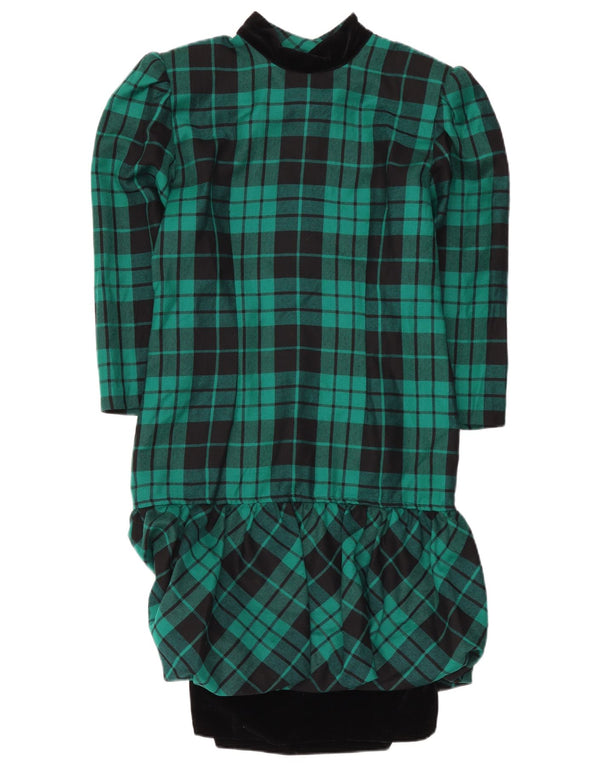 Abito peplo a maniche lunghe da donna vintage UK 12 Lana a quadri verde medio
